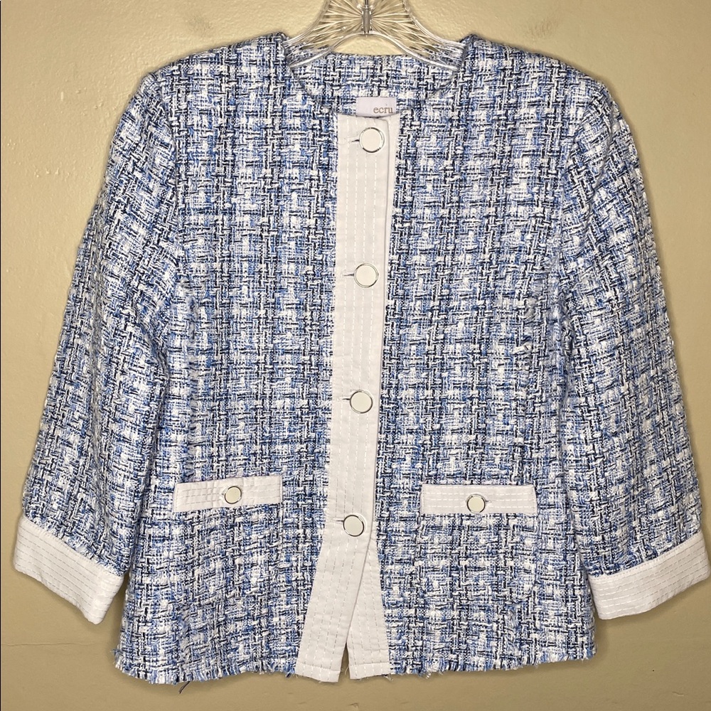 ECRU Blue & White Woven Tweed Mixed Media Corporate Career Wear Blazer NWT XS